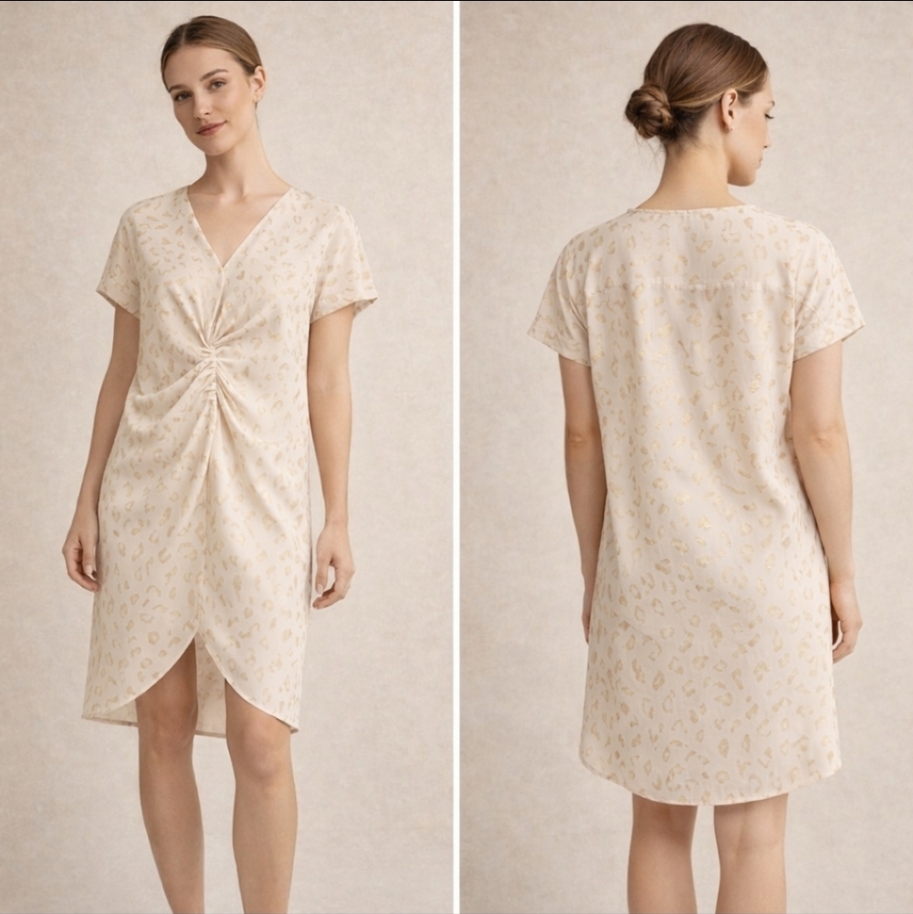 H&M Cream Gold Leopard Shift Dress XS Minimalist Chic Draped Knot Dress
